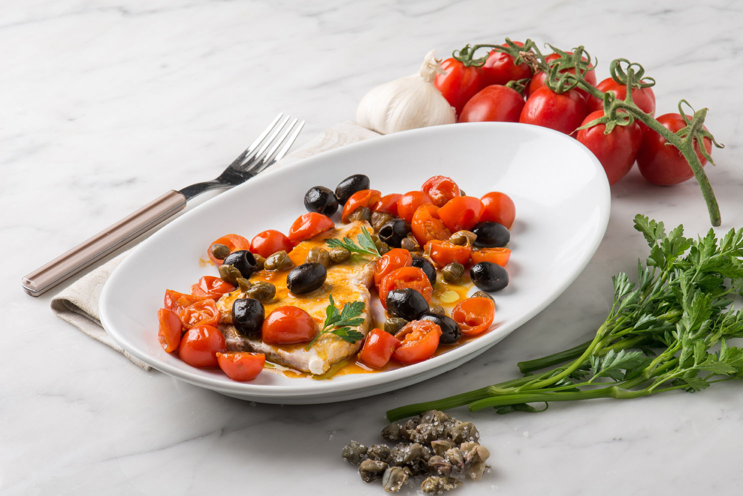 Seared Swordfish with Roasted Tomatoes and Olives